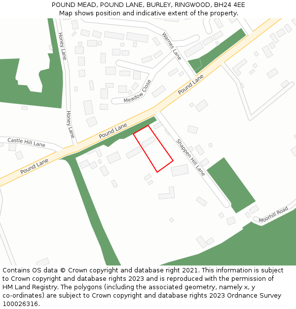 POUND MEAD, POUND LANE, BURLEY, RINGWOOD, BH24 4EE: Location map and indicative extent of plot