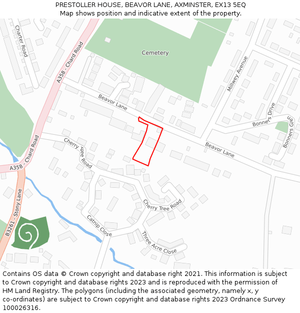 PRESTOLLER HOUSE, BEAVOR LANE, AXMINSTER, EX13 5EQ: Location map and indicative extent of plot