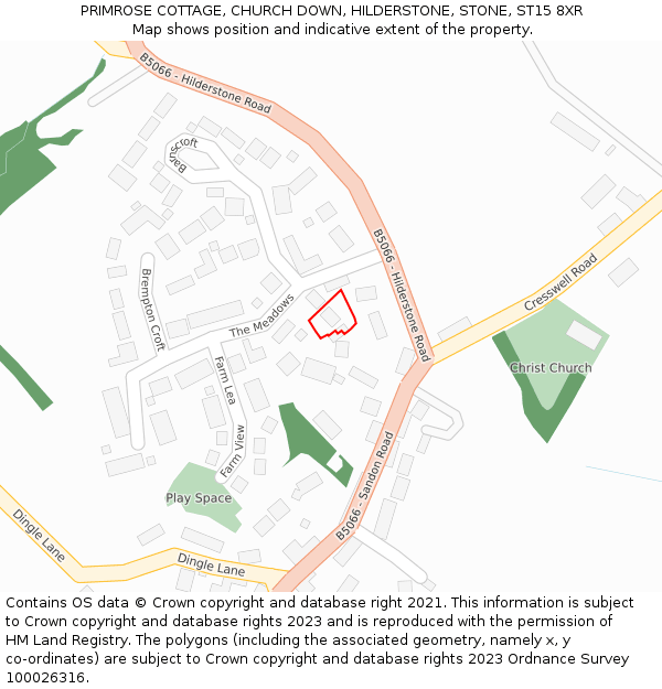 PRIMROSE COTTAGE, CHURCH DOWN, HILDERSTONE, STONE, ST15 8XR: Location map and indicative extent of plot
