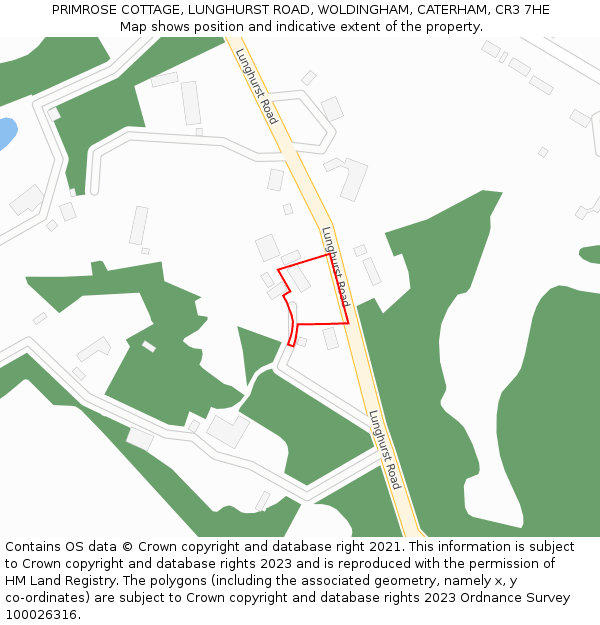 PRIMROSE COTTAGE, LUNGHURST ROAD, WOLDINGHAM, CATERHAM, CR3 7HE: Location map and indicative extent of plot