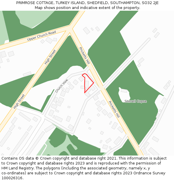 PRIMROSE COTTAGE, TURKEY ISLAND, SHEDFIELD, SOUTHAMPTON, SO32 2JE: Location map and indicative extent of plot