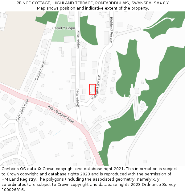 PRINCE COTTAGE, HIGHLAND TERRACE, PONTARDDULAIS, SWANSEA, SA4 8JY: Location map and indicative extent of plot