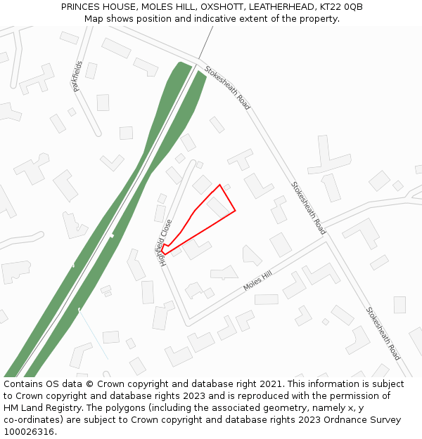 PRINCES HOUSE, MOLES HILL, OXSHOTT, LEATHERHEAD, KT22 0QB: Location map and indicative extent of plot