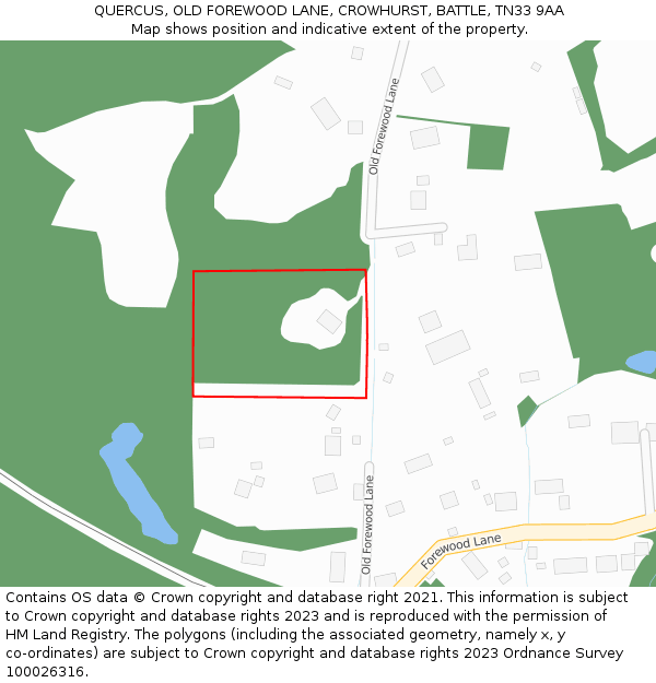 QUERCUS, OLD FOREWOOD LANE, CROWHURST, BATTLE, TN33 9AA: Location map and indicative extent of plot