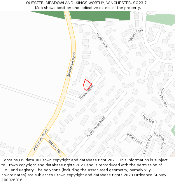 QUESTER, MEADOWLAND, KINGS WORTHY, WINCHESTER, SO23 7LJ: Location map and indicative extent of plot