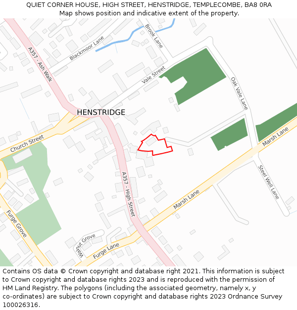 QUIET CORNER HOUSE, HIGH STREET, HENSTRIDGE, TEMPLECOMBE, BA8 0RA: Location map and indicative extent of plot
