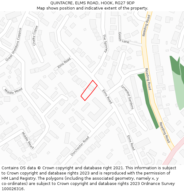 QUINTACRE, ELMS ROAD, HOOK, RG27 9DP: Location map and indicative extent of plot