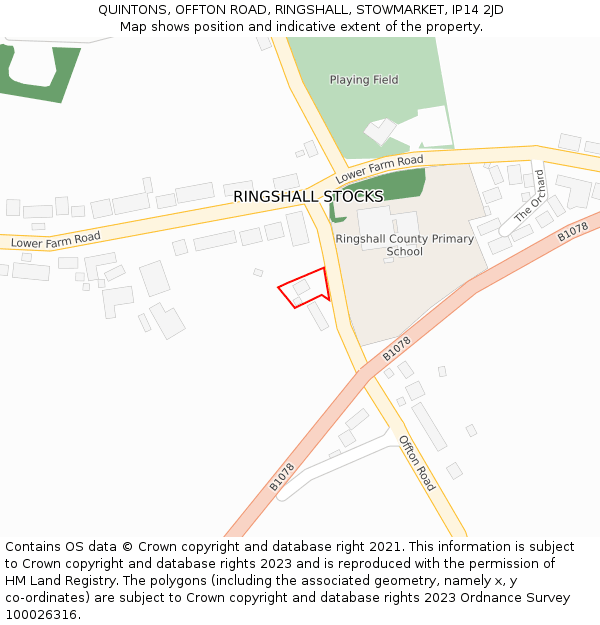QUINTONS, OFFTON ROAD, RINGSHALL, STOWMARKET, IP14 2JD: Location map and indicative extent of plot