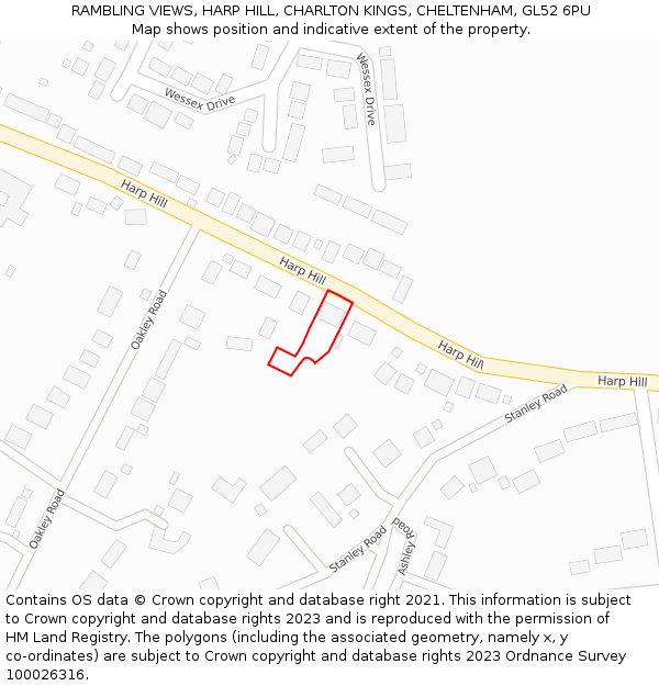 RAMBLING VIEWS, HARP HILL, CHARLTON KINGS, CHELTENHAM, GL52 6PU: Location map and indicative extent of plot
