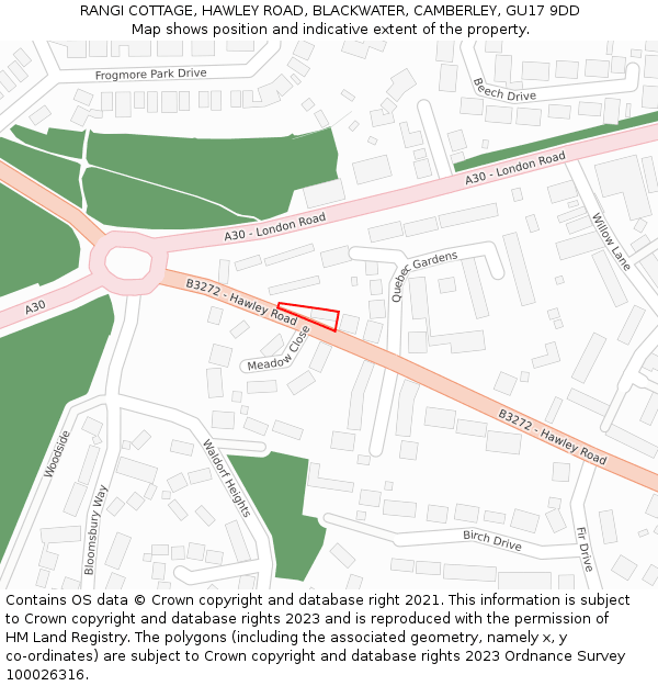 RANGI COTTAGE, HAWLEY ROAD, BLACKWATER, CAMBERLEY, GU17 9DD: Location map and indicative extent of plot