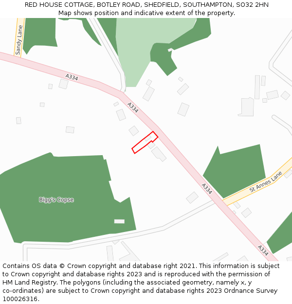 RED HOUSE COTTAGE, BOTLEY ROAD, SHEDFIELD, SOUTHAMPTON, SO32 2HN: Location map and indicative extent of plot