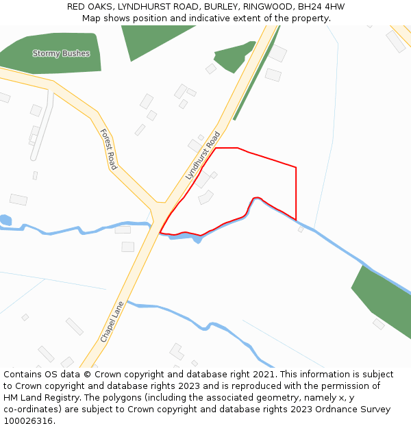 RED OAKS, LYNDHURST ROAD, BURLEY, RINGWOOD, BH24 4HW: Location map and indicative extent of plot