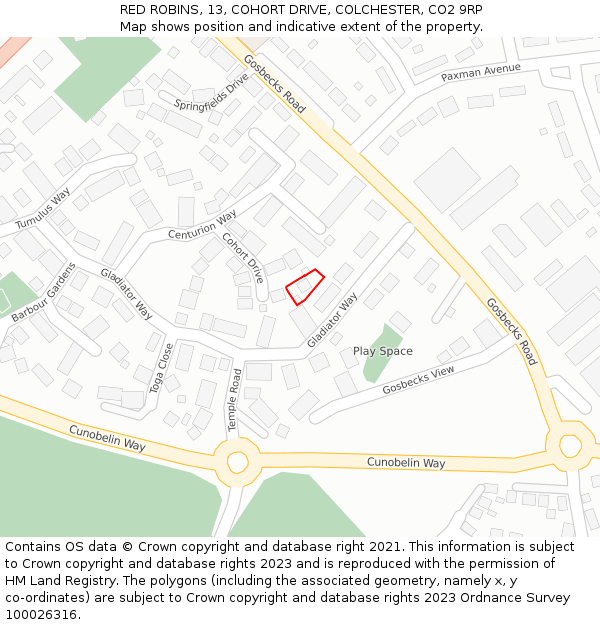 RED ROBINS, 13, COHORT DRIVE, COLCHESTER, CO2 9RP: Location map and indicative extent of plot