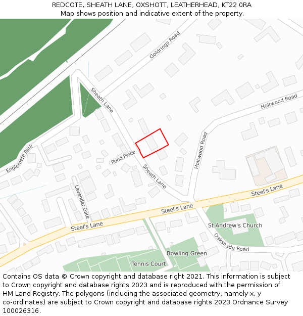 REDCOTE, SHEATH LANE, OXSHOTT, LEATHERHEAD, KT22 0RA: Location map and indicative extent of plot