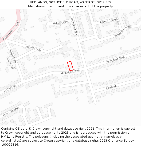 REDLANDS, SPRINGFIELD ROAD, WANTAGE, OX12 8EX: Location map and indicative extent of plot