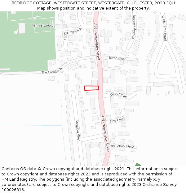 REDRIDGE COTTAGE, WESTERGATE STREET, WESTERGATE, CHICHESTER, PO20 3QU: Location map and indicative extent of plot