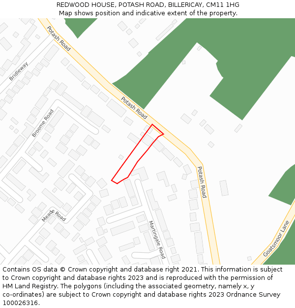 REDWOOD HOUSE, POTASH ROAD, BILLERICAY, CM11 1HG: Location map and indicative extent of plot