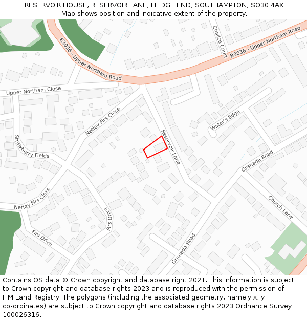 RESERVOIR HOUSE, RESERVOIR LANE, HEDGE END, SOUTHAMPTON, SO30 4AX: Location map and indicative extent of plot