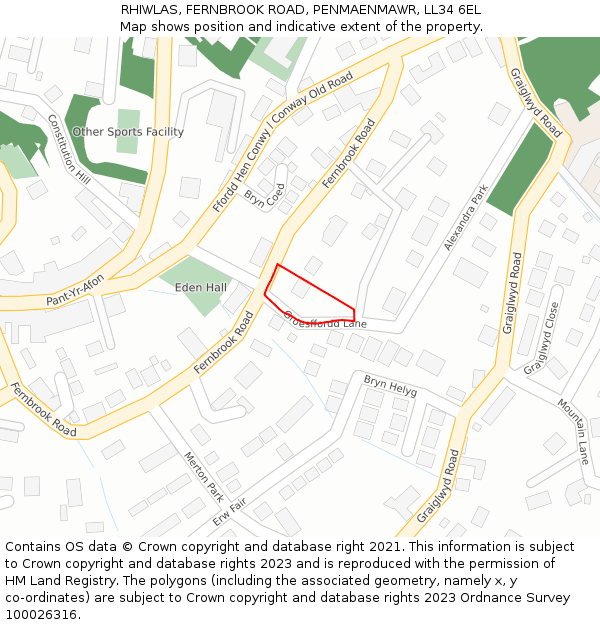RHIWLAS, FERNBROOK ROAD, PENMAENMAWR, LL34 6EL: Location map and indicative extent of plot