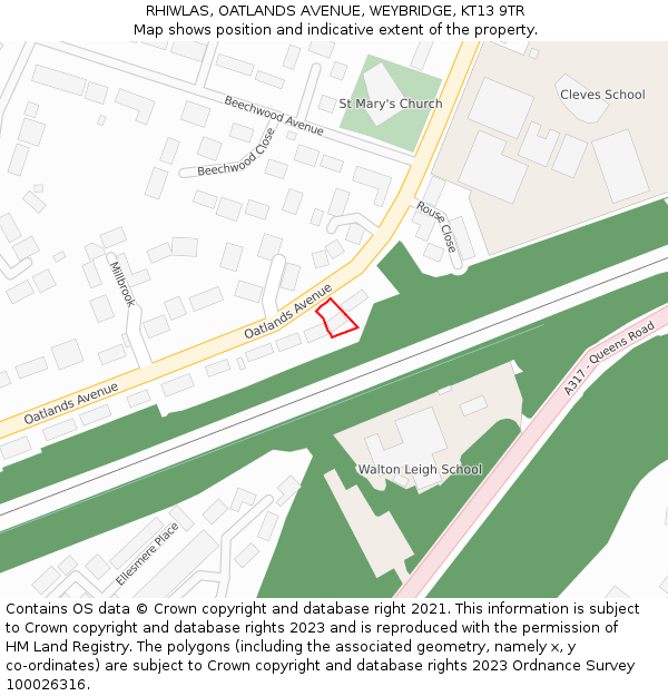 RHIWLAS, OATLANDS AVENUE, WEYBRIDGE, KT13 9TR: Location map and indicative extent of plot