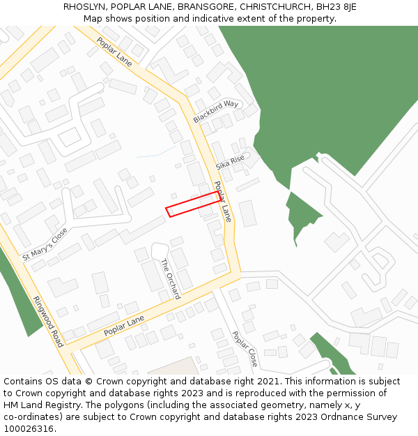RHOSLYN, POPLAR LANE, BRANSGORE, CHRISTCHURCH, BH23 8JE: Location map and indicative extent of plot
