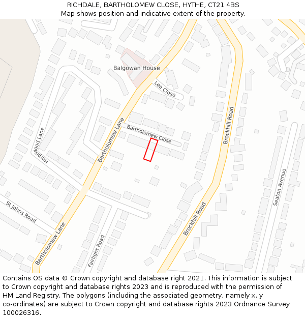 RICHDALE, BARTHOLOMEW CLOSE, HYTHE, CT21 4BS: Location map and indicative extent of plot