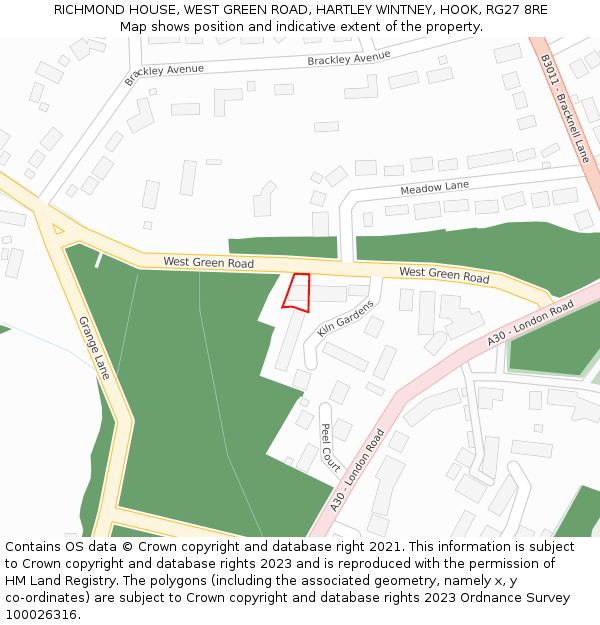 RICHMOND HOUSE, WEST GREEN ROAD, HARTLEY WINTNEY, HOOK, RG27 8RE: Location map and indicative extent of plot