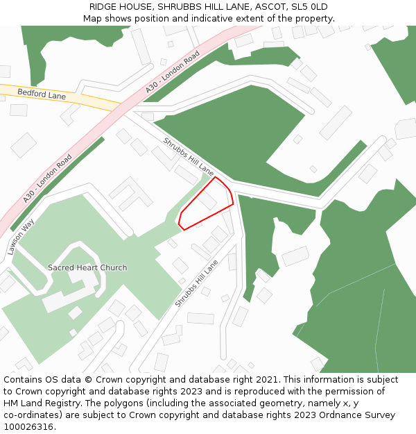 RIDGE HOUSE, SHRUBBS HILL LANE, ASCOT, SL5 0LD: Location map and indicative extent of plot