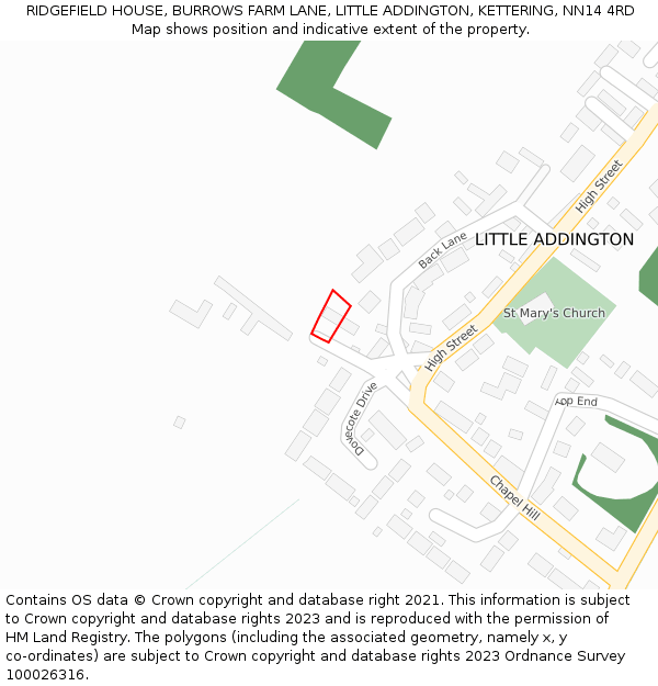 RIDGEFIELD HOUSE, BURROWS FARM LANE, LITTLE ADDINGTON, KETTERING, NN14 4RD: Location map and indicative extent of plot