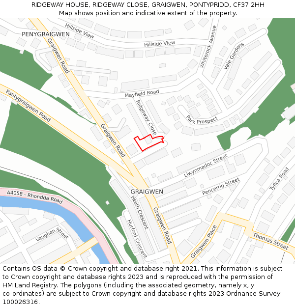 RIDGEWAY HOUSE, RIDGEWAY CLOSE, GRAIGWEN, PONTYPRIDD, CF37 2HH: Location map and indicative extent of plot