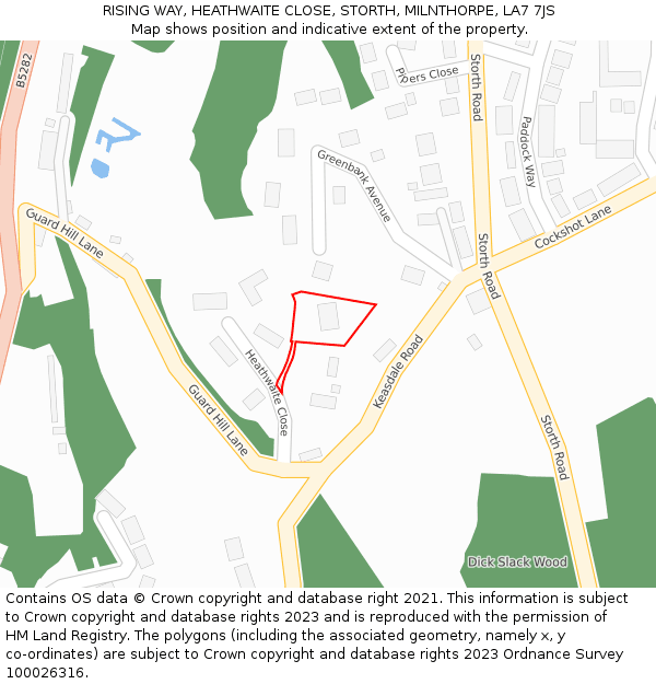 RISING WAY, HEATHWAITE CLOSE, STORTH, MILNTHORPE, LA7 7JS: Location map and indicative extent of plot