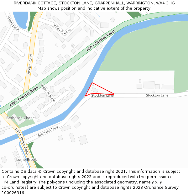 RIVERBANK COTTAGE, STOCKTON LANE, GRAPPENHALL, WARRINGTON, WA4 3HG: Location map and indicative extent of plot