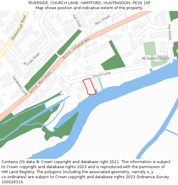 RIVERSIDE, CHURCH LANE, HARTFORD, HUNTINGDON, PE29 1XP: Location map and indicative extent of plot