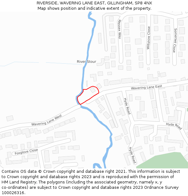 RIVERSIDE, WAVERING LANE EAST, GILLINGHAM, SP8 4NX: Location map and indicative extent of plot