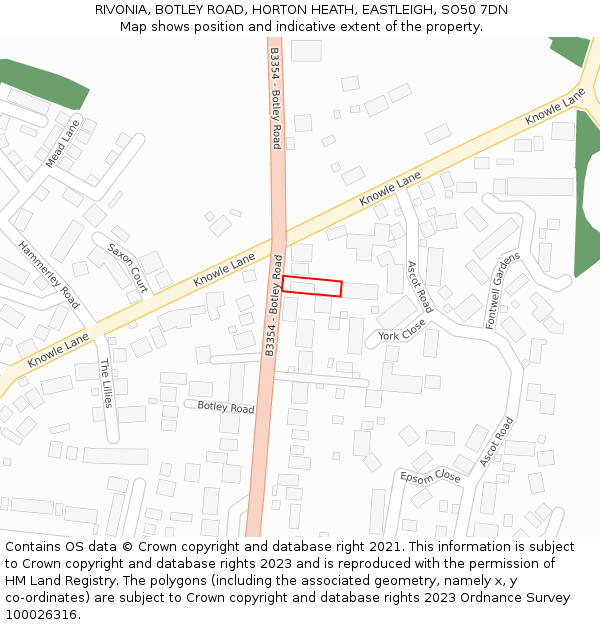 RIVONIA, BOTLEY ROAD, HORTON HEATH, EASTLEIGH, SO50 7DN: Location map and indicative extent of plot