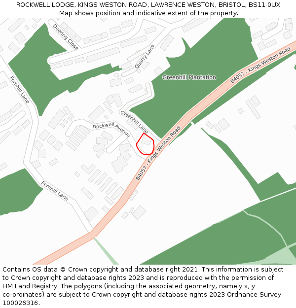 ROCKWELL LODGE, KINGS WESTON ROAD, LAWRENCE WESTON, BRISTOL, BS11 0UX: Location map and indicative extent of plot