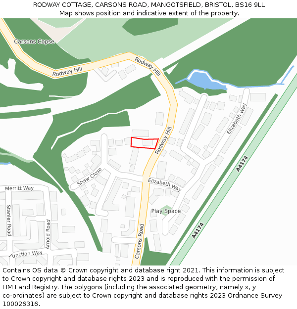 RODWAY COTTAGE, CARSONS ROAD, MANGOTSFIELD, BRISTOL, BS16 9LL: Location map and indicative extent of plot