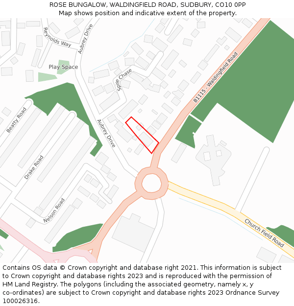 ROSE BUNGALOW, WALDINGFIELD ROAD, SUDBURY, CO10 0PP: Location map and indicative extent of plot