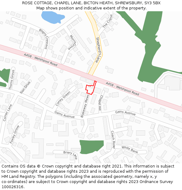 ROSE COTTAGE, CHAPEL LANE, BICTON HEATH, SHREWSBURY, SY3 5BX: Location map and indicative extent of plot