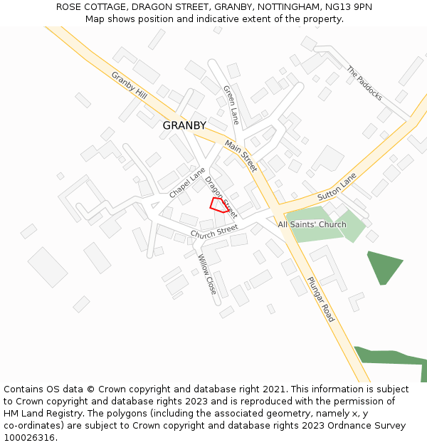 ROSE COTTAGE, DRAGON STREET, GRANBY, NOTTINGHAM, NG13 9PN: Location map and indicative extent of plot