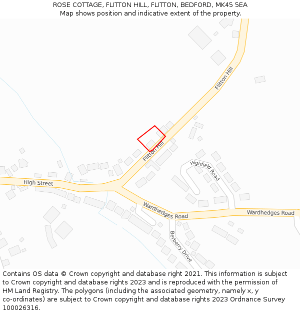 ROSE COTTAGE, FLITTON HILL, FLITTON, BEDFORD, MK45 5EA: Location map and indicative extent of plot