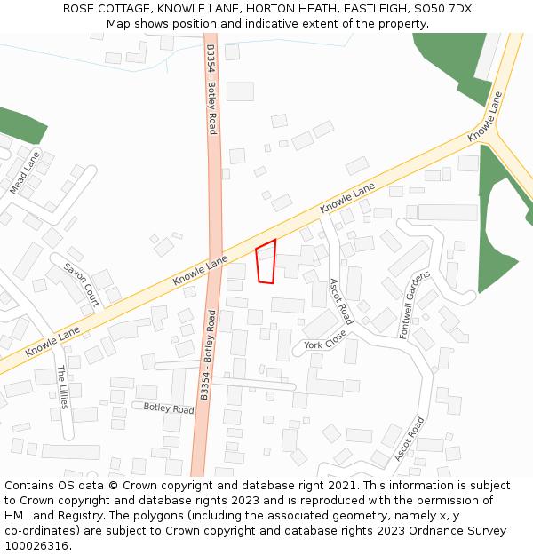 ROSE COTTAGE, KNOWLE LANE, HORTON HEATH, EASTLEIGH, SO50 7DX: Location map and indicative extent of plot