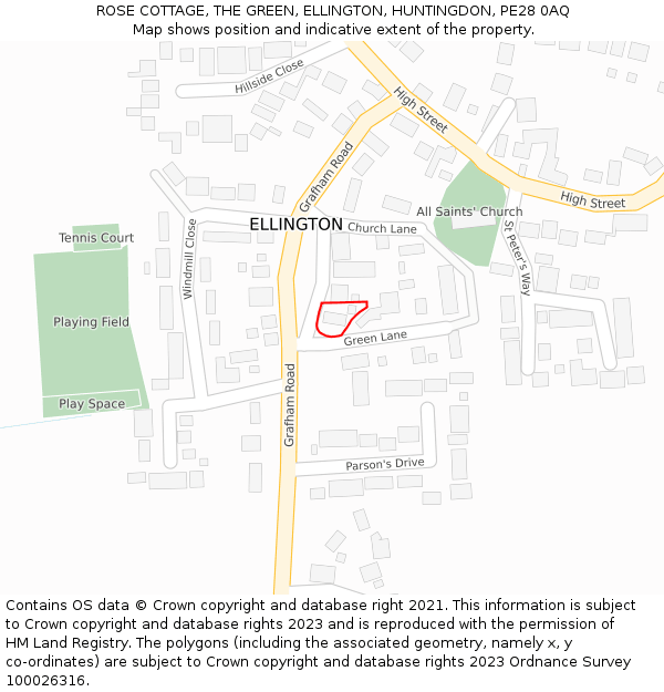 ROSE COTTAGE, THE GREEN, ELLINGTON, HUNTINGDON, PE28 0AQ: Location map and indicative extent of plot
