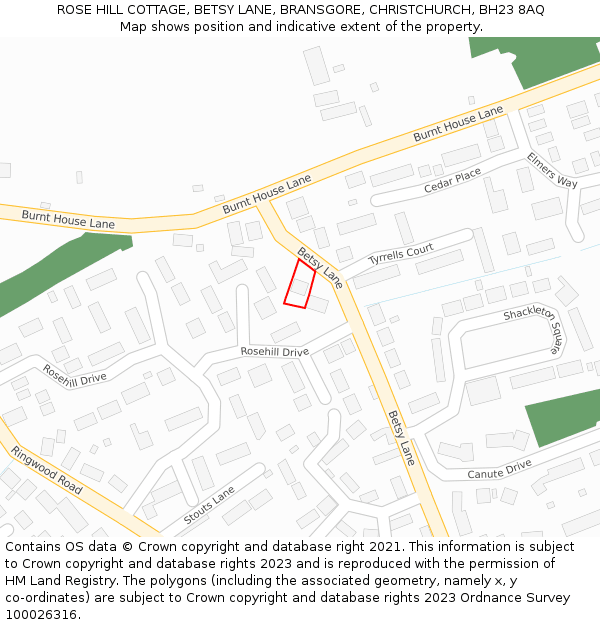 ROSE HILL COTTAGE, BETSY LANE, BRANSGORE, CHRISTCHURCH, BH23 8AQ: Location map and indicative extent of plot