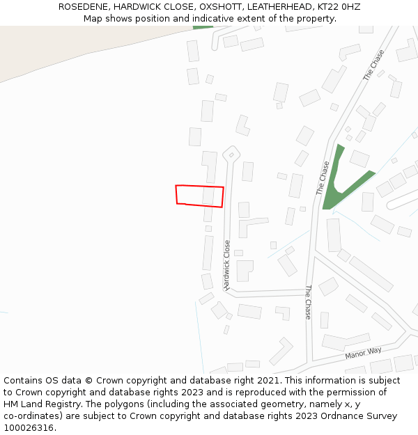 ROSEDENE, HARDWICK CLOSE, OXSHOTT, LEATHERHEAD, KT22 0HZ: Location map and indicative extent of plot