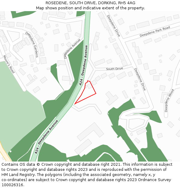 ROSEDENE, SOUTH DRIVE, DORKING, RH5 4AG: Location map and indicative extent of plot