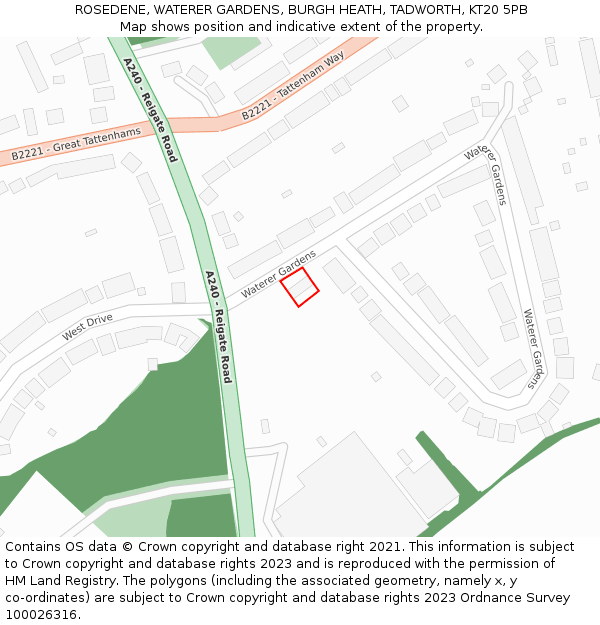 ROSEDENE, WATERER GARDENS, BURGH HEATH, TADWORTH, KT20 5PB: Location map and indicative extent of plot