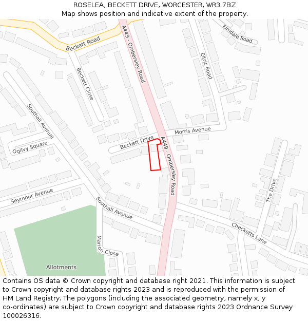 ROSELEA, BECKETT DRIVE, WORCESTER, WR3 7BZ: Location map and indicative extent of plot