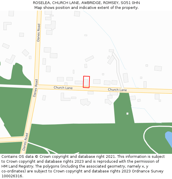 ROSELEA, CHURCH LANE, AWBRIDGE, ROMSEY, SO51 0HN: Location map and indicative extent of plot