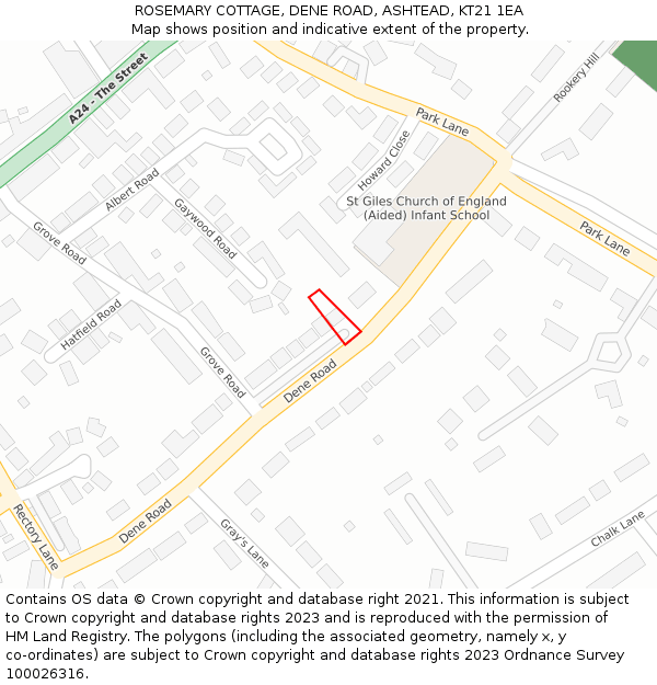ROSEMARY COTTAGE, DENE ROAD, ASHTEAD, KT21 1EA: Location map and indicative extent of plot